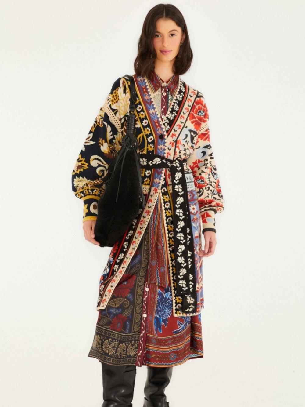 FARM RIO Mixed Flower Print Patchwork Knit Midi Cardigan by FARM Rio -NWT